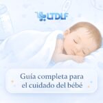 Ilustración de un bebé dormido rodeado de objetos de cuidado infantil para una guía completa sobre el cuidado del bebe