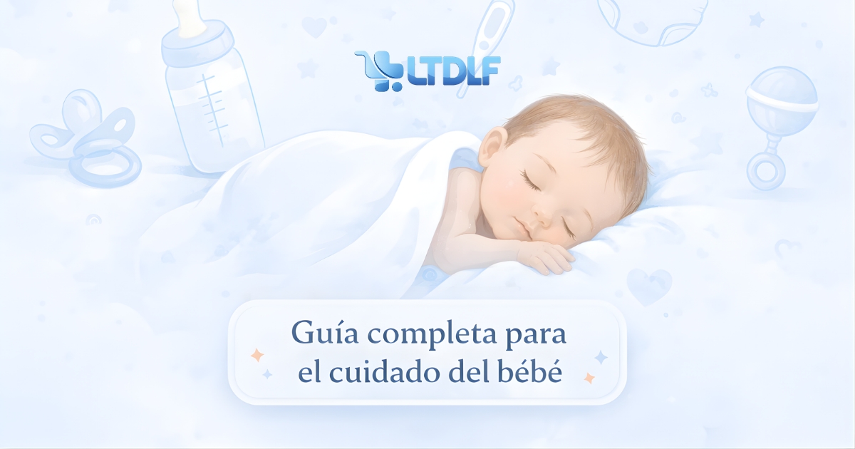 Ilustración de un bebé dormido rodeado de objetos de cuidado infantil para una guía completa sobre el cuidado del bebe