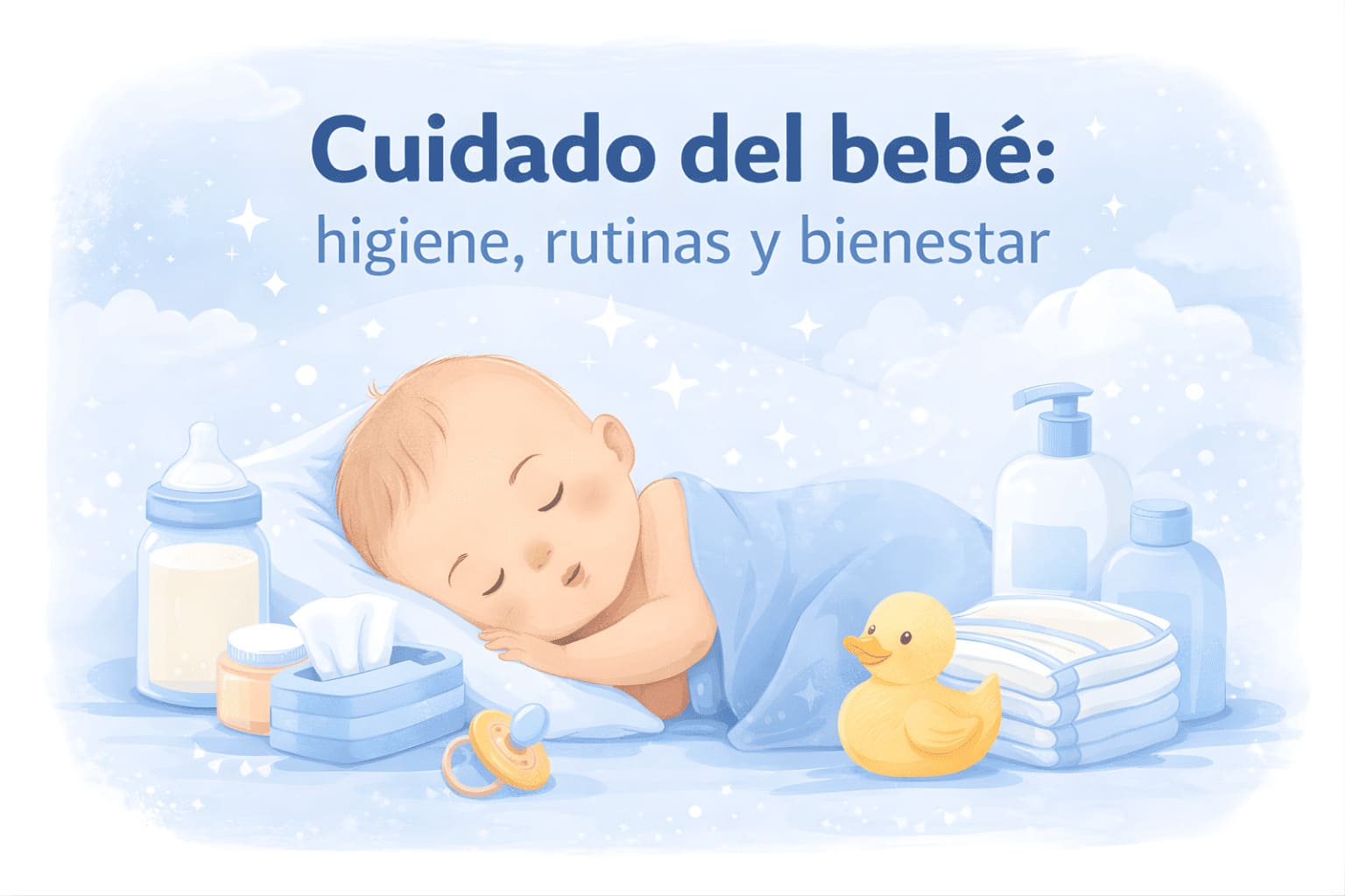 Ilustración sobre el cuidado del bebé con elementos de higiene, descanso y bienestar infantil