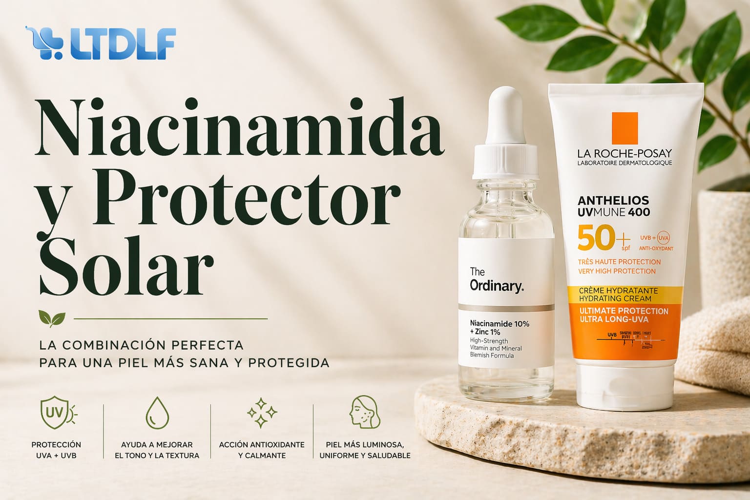 Niacinamida y protector solar para mejorar la piel y protegerla del sol
