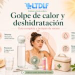 Infografía sobre golpe de calor y deshidratación con botiquín de verano, agua, protector solar y termómetro