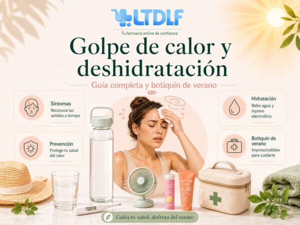Infografía sobre golpe de calor y deshidratación con botiquín de verano, agua, protector solar y termómetro