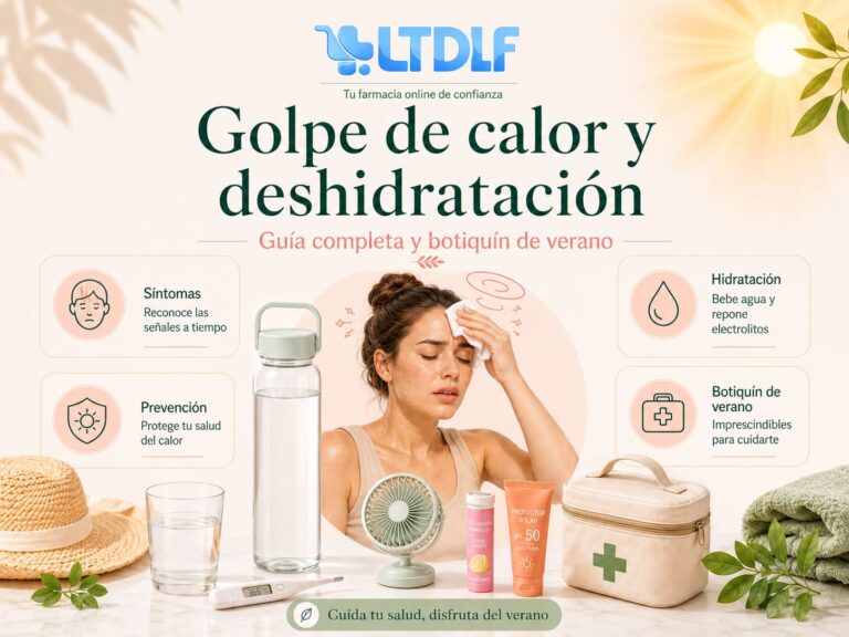 Infografía sobre golpe de calor y deshidratación con botiquín de verano, agua, protector solar y termómetro