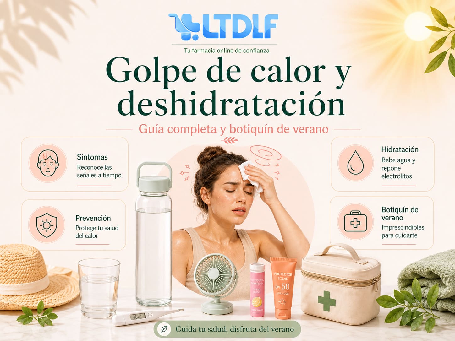 Infografía sobre golpe de calor y deshidratación con botiquín de verano, agua, protector solar y termómetro