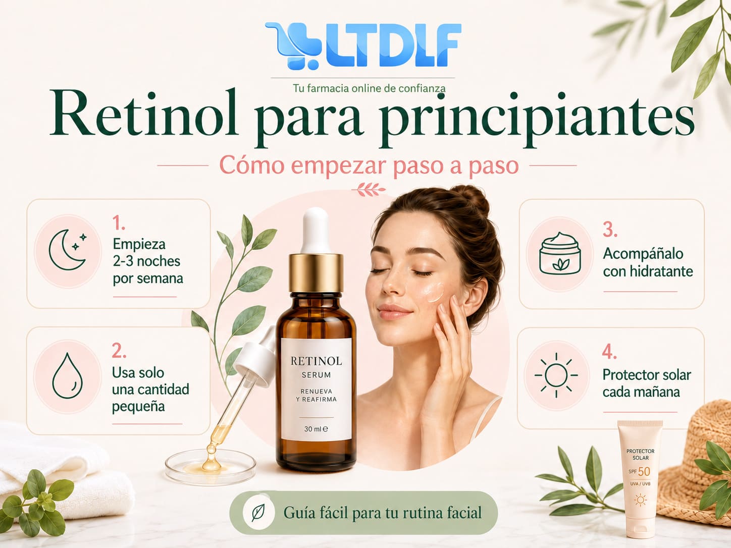 Infografía sobre retinol para principiantes con pasos básicos para iniciar una rutina facial segura