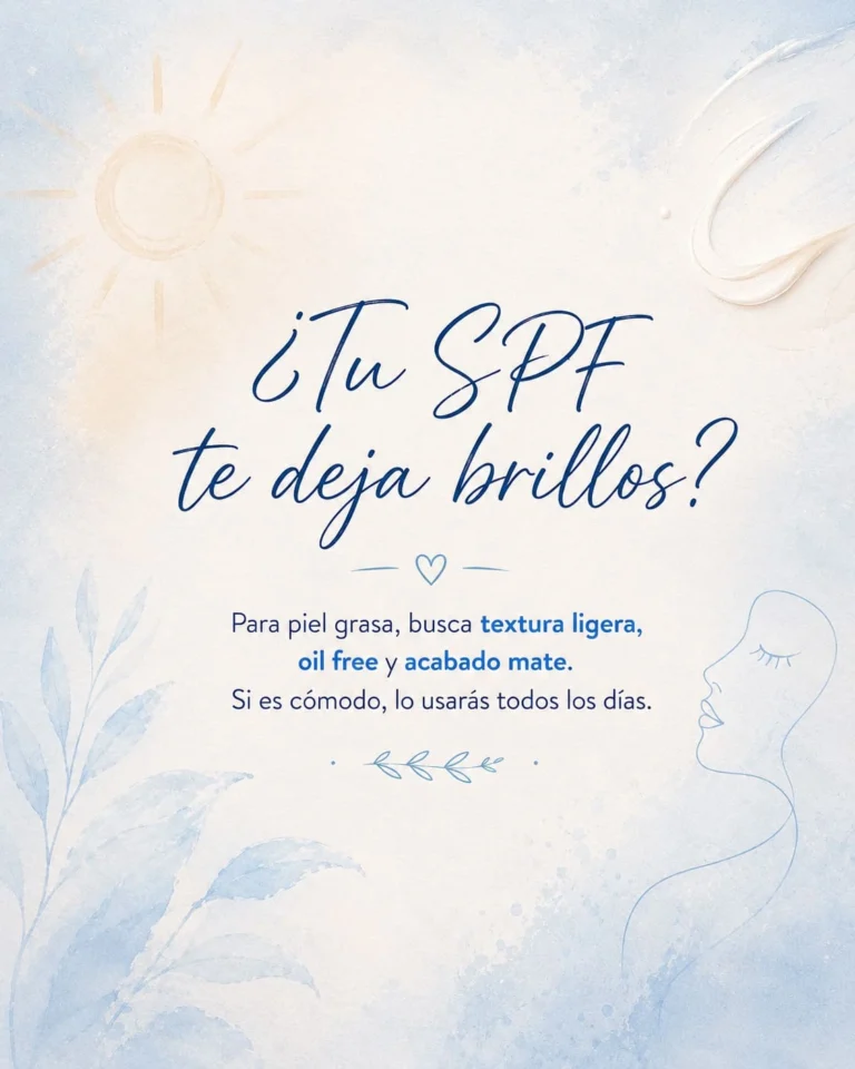 ¿Tu SPF te deja brillos? Para piel grasa, busca textura ligera, oil free y acabado mate. Si es cómodo, lo usarás todos los días.