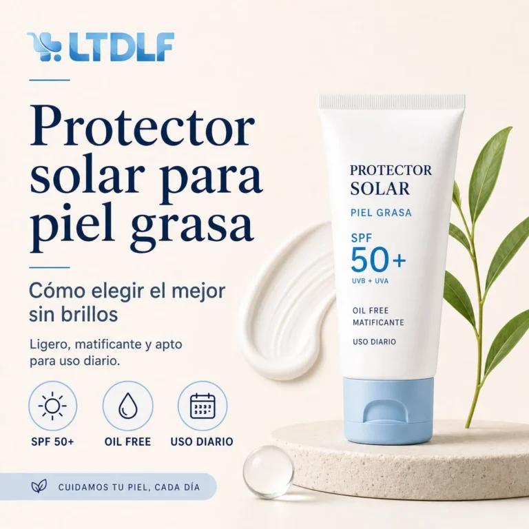 Elige un protector solar para piel grasa con SPF 50, textura ligera, fórmula oil free y acabado mate para evitar brillos durante el día.